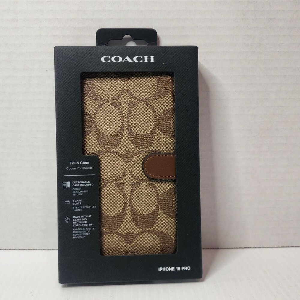 Two Coach iPhone 15 PRO Cases: Signature Folio + Slim Case Bundle Tan New ! - Picture 3 of 16
